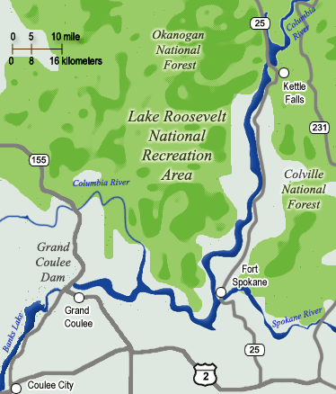 Map of the Lake Roosevelt and Grand Coulee, Washington, area